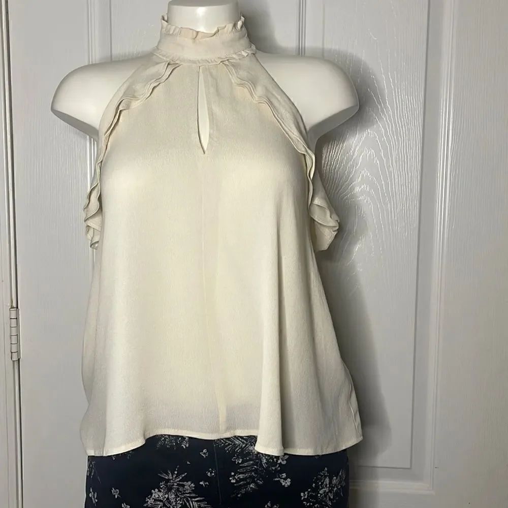 ASTR The Label Ruffle Halter Neck Tie Open Back Beige Blouse Top Womens